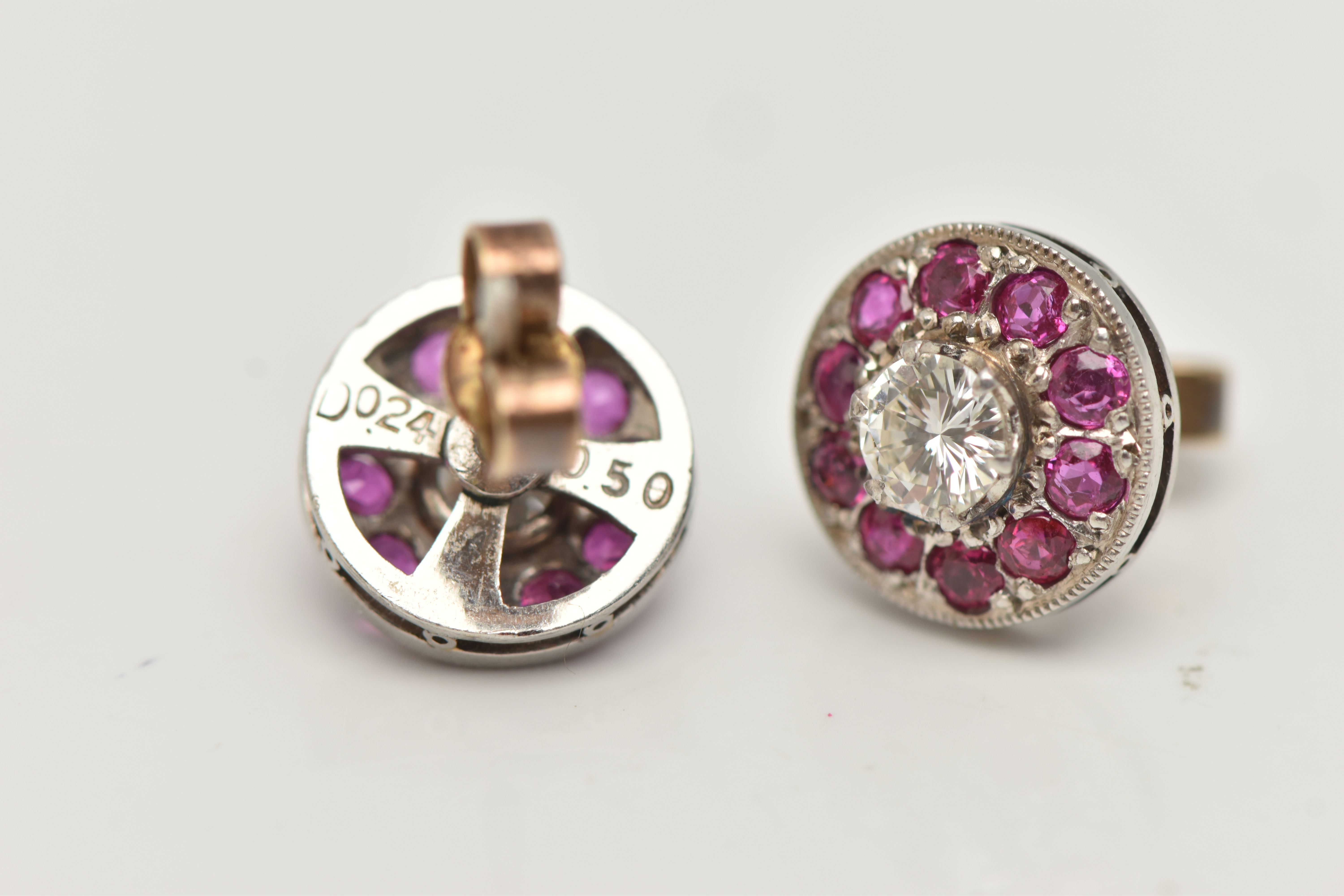 A PAIR OF DIAMOND AND RUBY EARRINGS, designed as a round brilliant cut diamond, set with a - Image 4 of 4