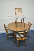 A 20TH CENTURY OAK EFFECT CIRCULAR DROP LEAF KITCHEN TABLE, diameter 106cm x height 74cm, along with