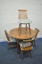 A 20TH CENTURY OAK EFFECT CIRCULAR DROP LEAF KITCHEN TABLE, diameter 106cm x height 74cm, along with