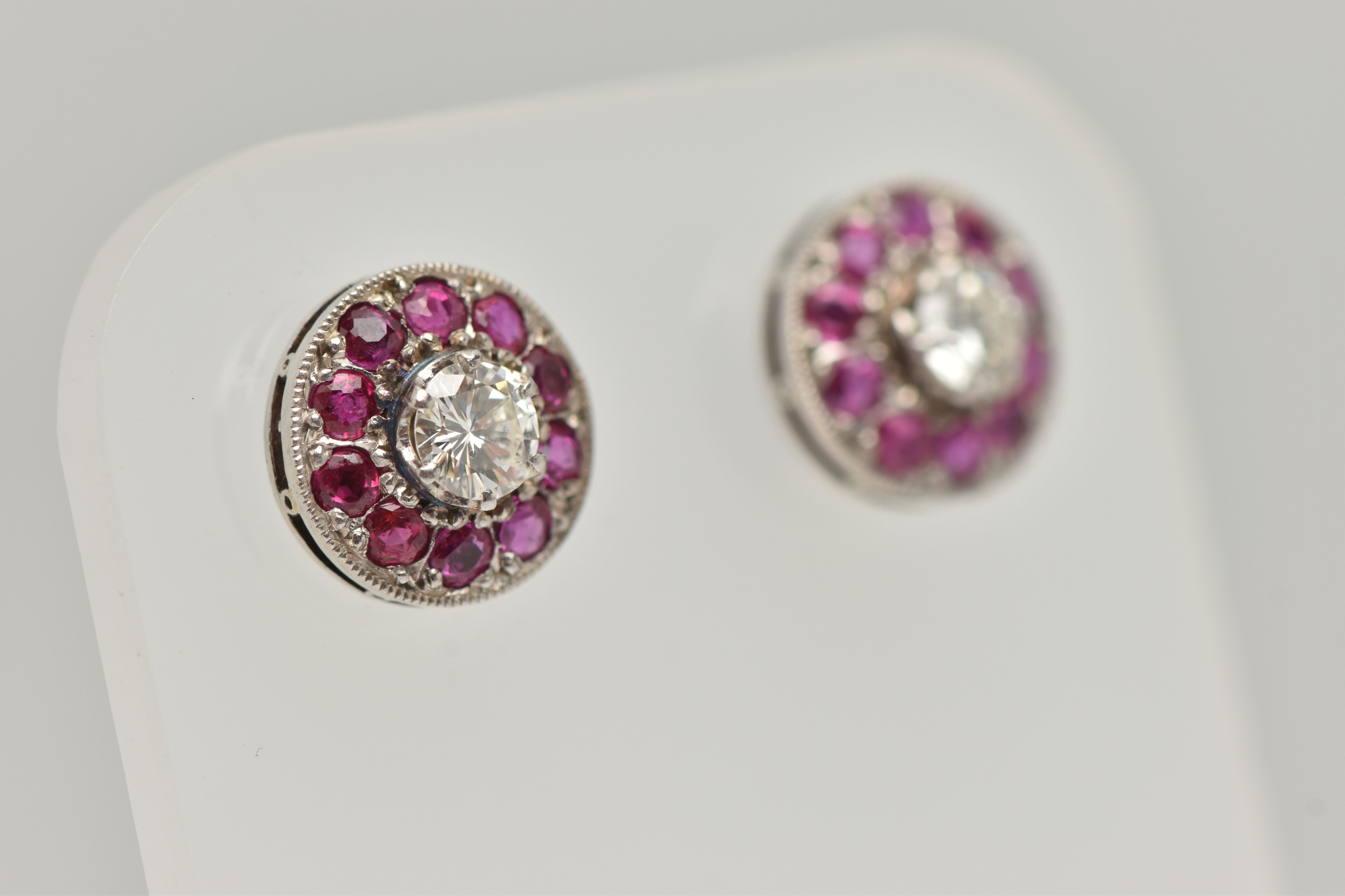 A PAIR OF DIAMOND AND RUBY EARRINGS, designed as a round brilliant cut diamond, set with a - Image 2 of 4