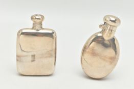 TWO SILVER MINI HIP FLASKS, the first a late Victorian oval polished flask, with hinged dome
