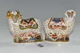 TWO ROYAL CROWN DERBY IMARI PAPERWEIGHTS, comprising 'Imari Ram' gold hexagonal stopper, date cypher