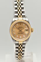 A LADIES BOXED 'ROLEX OYSTER PERPETUAL DATE JUST' WRISTWATCH, round gold dial signed 'Rolex Oyster