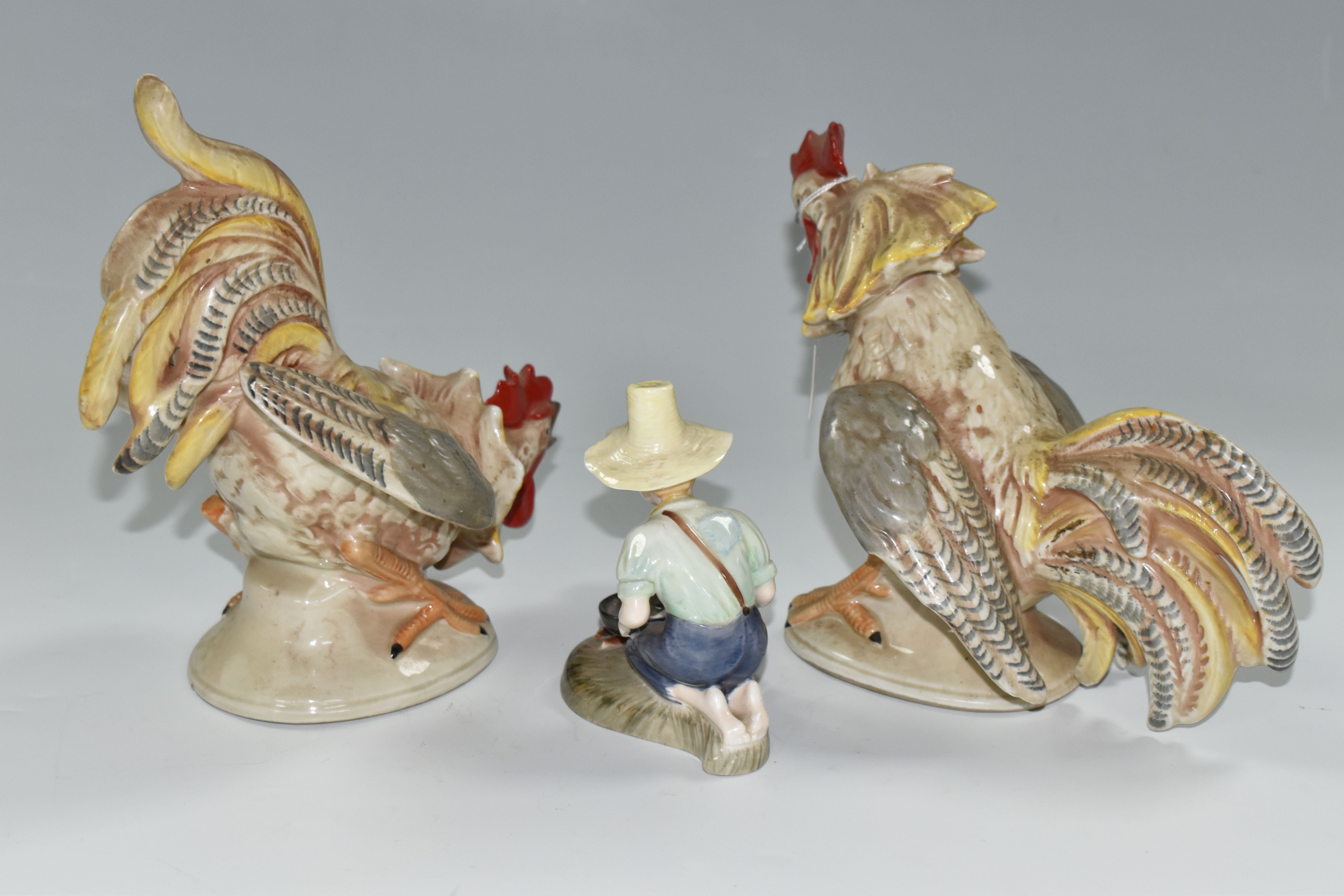 TWO 20TH CENTURY CONTINENTAL PORCELAIN FIGURES OF COCKERELS, posed as ready to fight each other, - Image 6 of 8