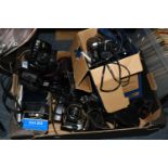 A BOX OF ASSORTED VINTAGE CAMERAS ETC, to include a Zenith EM 35mm SLR film camera, Moscow 1980