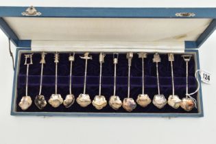 A CASED SET OF CONTINETAL WHITE METAL TEASPOONS, a set of twelve teaspoons, with flower shape bowls,