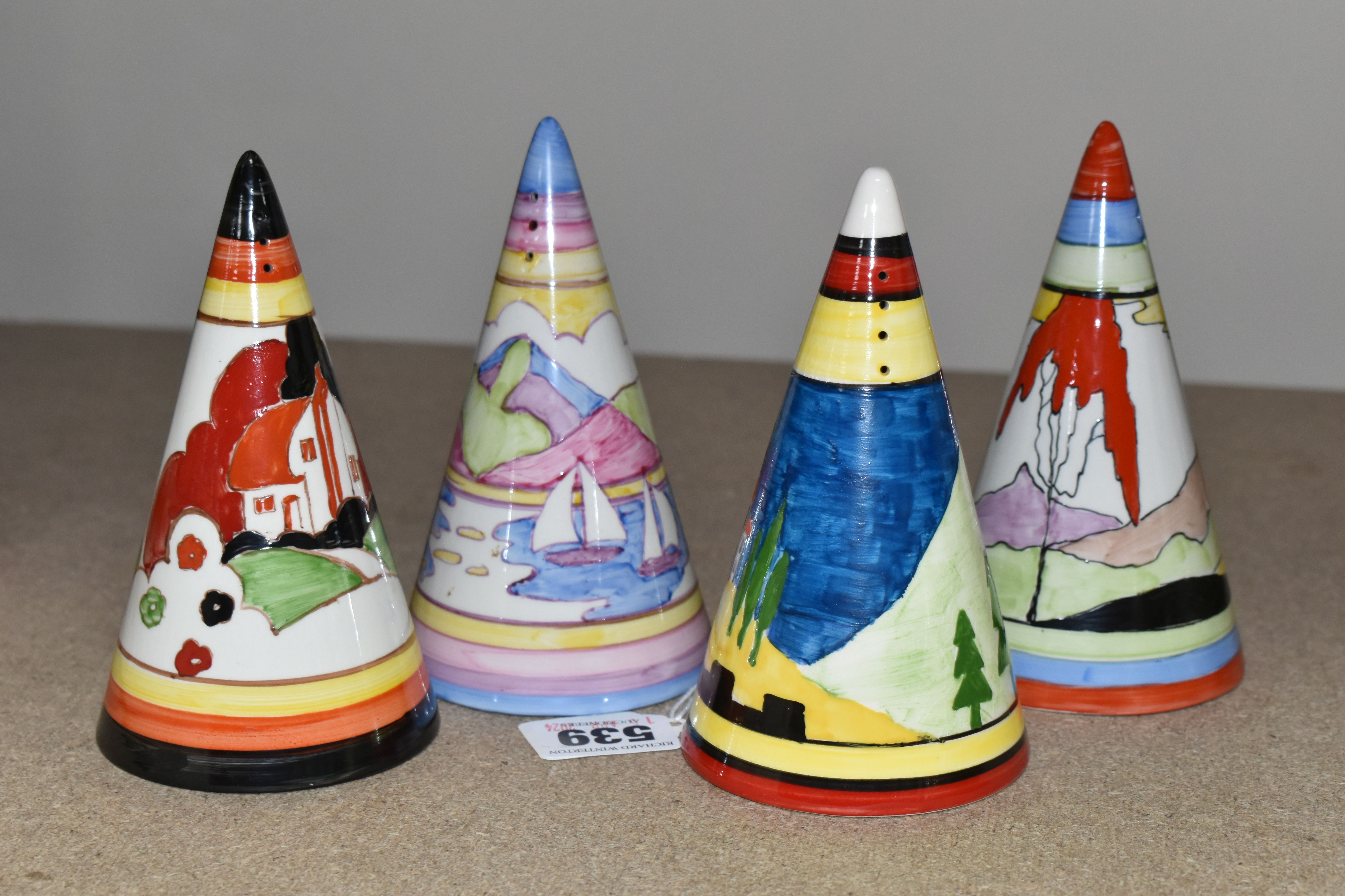 FOUR RENE DALE CONICAL SUGAR SHAKERS, one painted with a castle amongst trees and hills, one with - Image 2 of 5