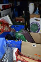 FIVE BOXES AND LOOSE TOYS, CERAMICS, PICTURES, AUDIO EQUIPMENT, PENS, SPORTS EQUIPMENT, ETC,