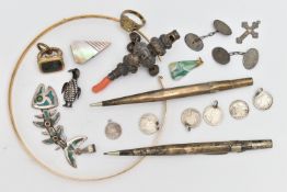 ASSORTED ITEMS, to include a late Victorian silver baby rattle, fitted with four bells, a whistle