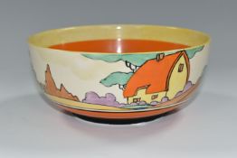 A CLARICE CLIFF 'ORANGE ROOF COTTAGE' DESIGN BOWL, with orange, black and yellow banding inside,