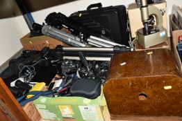 THREE BOXES AND LOOSE PHOTOGRAPHIC AND VIDEO EQUIPMENT ETC, to include Velbon tripods, Cullman and