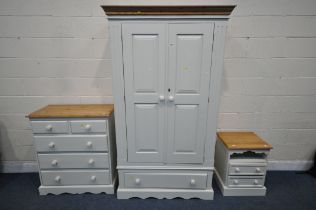 A PARTIALLY PAINTED PINE DOUBLE DOOR WARDROBE, with a single drawer, width 113cm x depth 53cm x