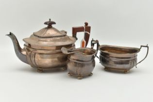 A MID 20TH CENTURY SILVER TEA SET, three piece set comprising of a teapot, double handled sugar bowl