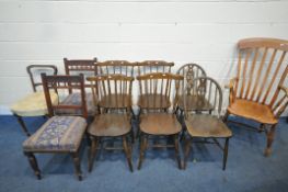 A 20TH CENTURY ELM SEATED FARMHOUSE STYLE ARMCHAIR, a pair of Ercol style prince of Wales chairs,