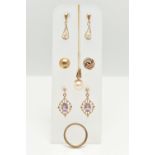 A SELECTION OF JEWELLERY, to include a pair of imitation pearl drop earrings, a pair of 9ct gold