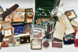 A BOX OF ASSORTED ITEMS, to include various sets of cufflinks and dress studs, running medallion,