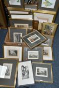 A BOX AND LOOSE TOPOGRAPHICAL PRINTS AND NEEDLEWORK PICTURES ETC, to include views of