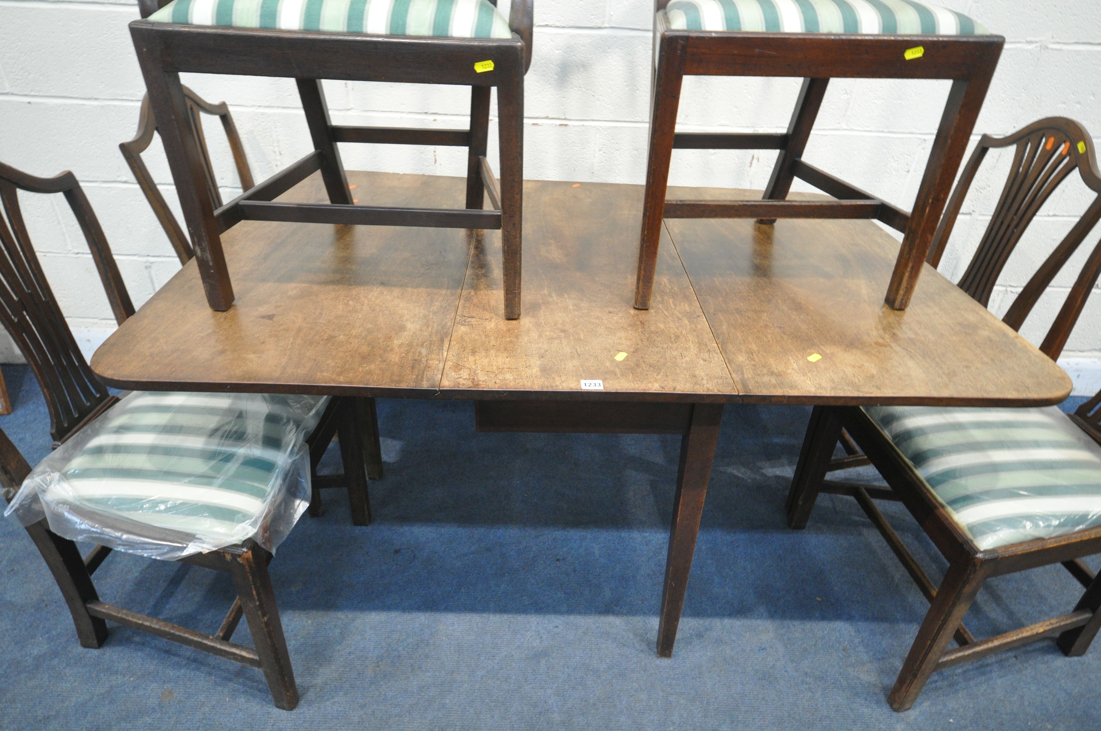 A GEORGIAN MAHOGANY GATE LEG TABLE, open width 149cm x depth 99cm x height 72cm, along with a set of - Image 4 of 5