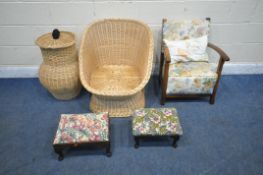 A DEEP RATTAN TUB CHAIR, a rattan basket with lid, an oak armchair and two stools (condition report: