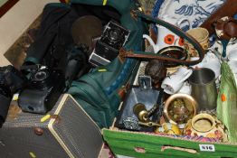 A BOX, A BAG AND LOOSE CERAMICS, METALWARE, CAMERAS AND SUNDRY ITEMS, to include a bronze Chinese