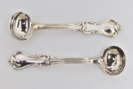 TWO EARLY VICTORIAN SILVER MUSTARD SPOONS, both with Albert pattern terminals, hallmarks for