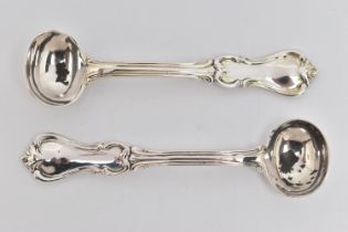 TWO EARLY VICTORIAN SILVER MUSTARD SPOONS, both with Albert pattern terminals, hallmarks for