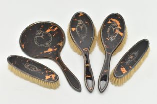 A BOXED SILVER AND FAUX TORTOISESHELL DRESSING TABLE SET, comprising of two hair brushes, two