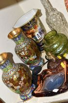 A SMALL GROUP OF NORITAKE, CLOISONNE AND GLASSWARE, comprising a Loetz style iridescent green coiled