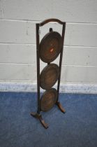 A 20TH CENTURY OAK THREE TIER FOLDING CAKE STAND, height 90cm (condition report: historical wear and