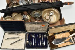 A BOX OF ASSORTED WHITE METAL WARE, to include a silver plate 'Mappin & Webb' three piece tea set,