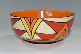 A CLARICE CLIFF 'SUNBURST' DESIGN BOWL, black and orange banding inside, diameter 19cm, black