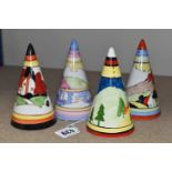 FOUR RENE DALE CONICAL SUGAR SHAKERS, one painted with a castle amongst trees and hills, one with