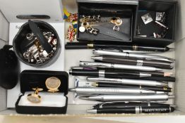 A BOX OF ASSORTED ITEMS, to include a two pairs of 'Paul Smith' cufflinks, a pair of 'Thompson