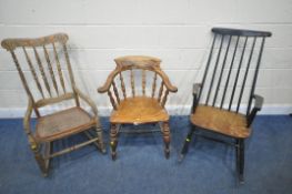 A LATE 19TH / EARLY 20TH CENTURY BOW TOP CAPTAINS CHAIR, with spindled back, dished seat, raised