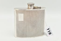 AN ELIZABETH II SILVER HIP FLASK, curved square from, engine turned pattern with vacant cartouche,