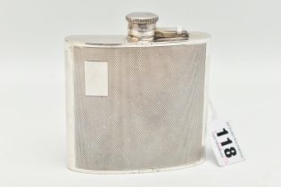 AN ELIZABETH II SILVER HIP FLASK, curved square from, engine turned pattern with vacant cartouche,