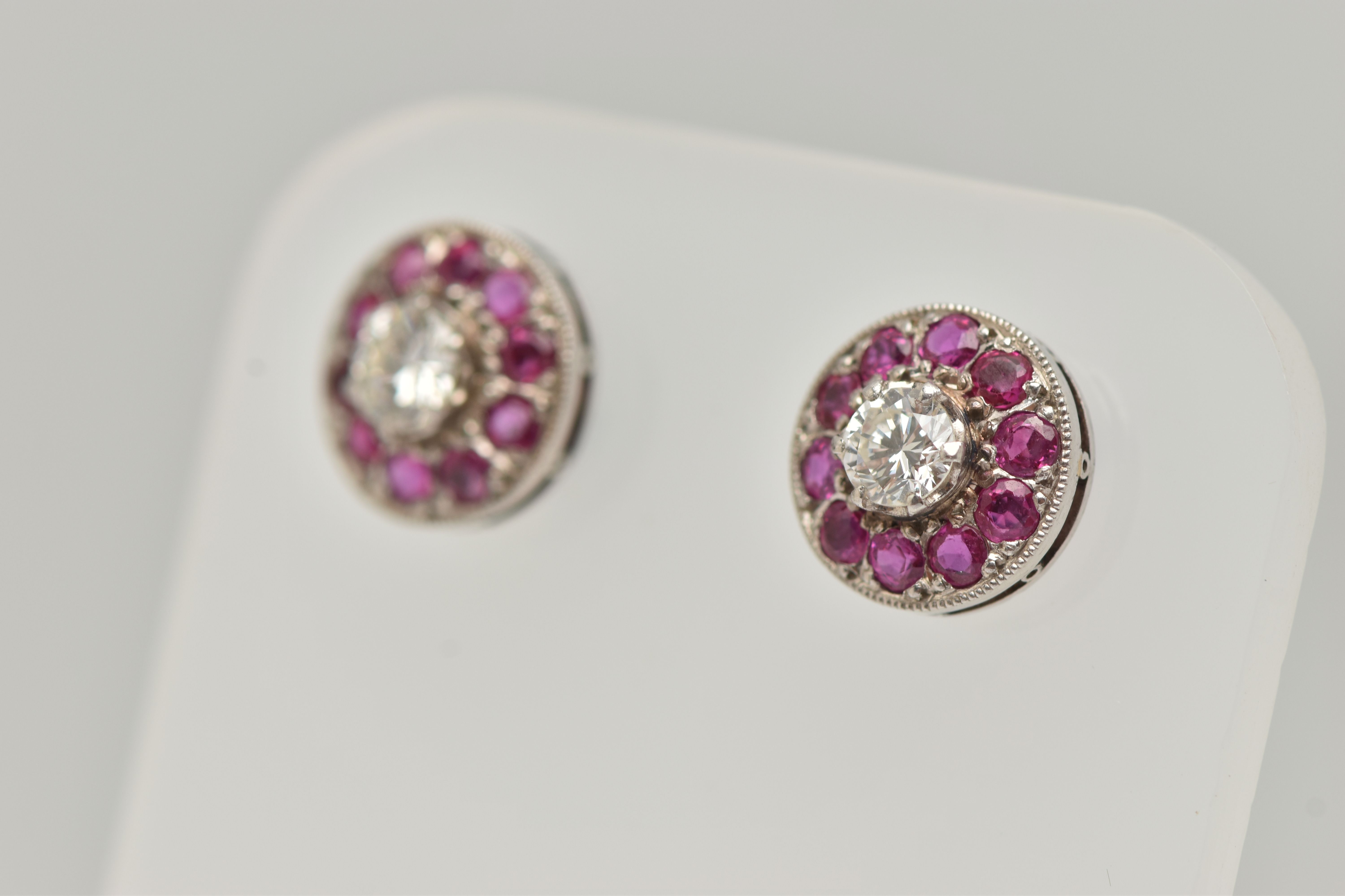 A PAIR OF DIAMOND AND RUBY EARRINGS, designed as a round brilliant cut diamond, set with a - Image 3 of 4