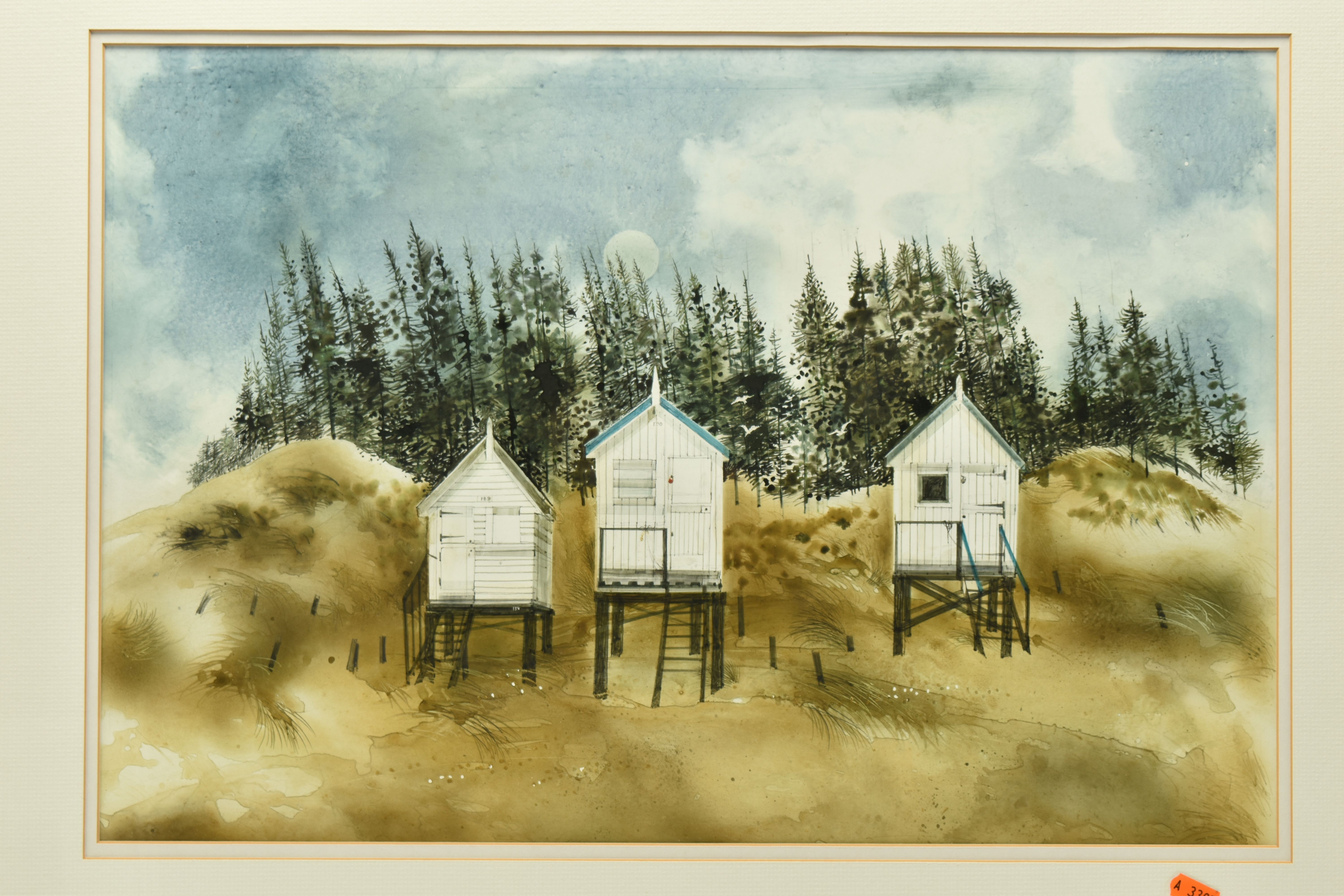 ATTRIBUTED TO RONALD MADDOX (1930-2018) 'BEACH HUTS, HOLKHAM - AUTUMN', a coastal landscape with - Image 2 of 13
