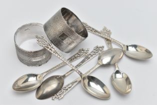 AN ASSORTMENT OF SILVER ITEMS, to include a silver napkin ring, engine turned pattern and monogram