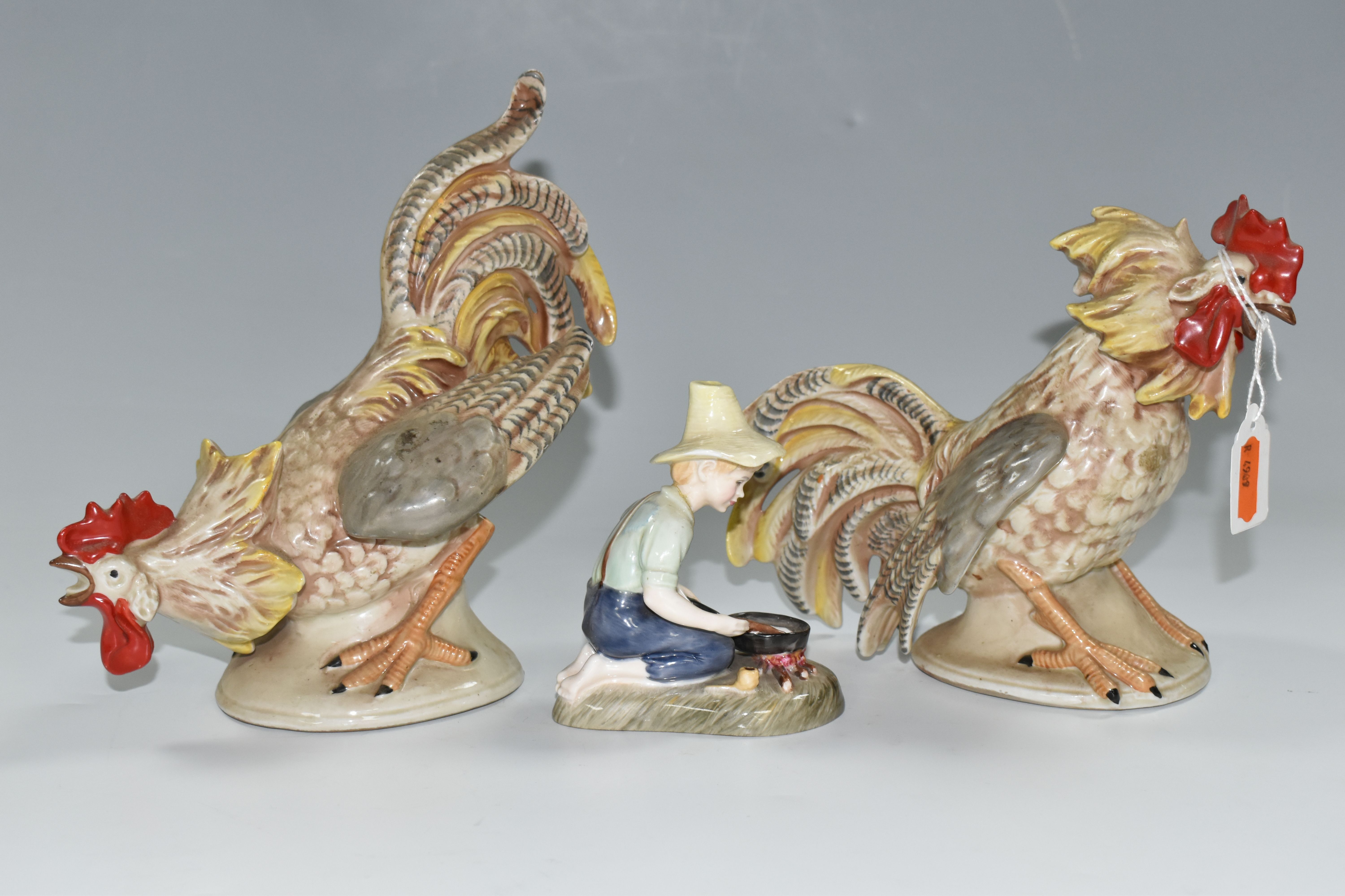 TWO 20TH CENTURY CONTINENTAL PORCELAIN FIGURES OF COCKERELS, posed as ready to fight each other, - Image 5 of 8