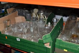 FIVE BOXES AND LOOSE GLASS WARE, to include a vintage decanter and glass set decorated in a