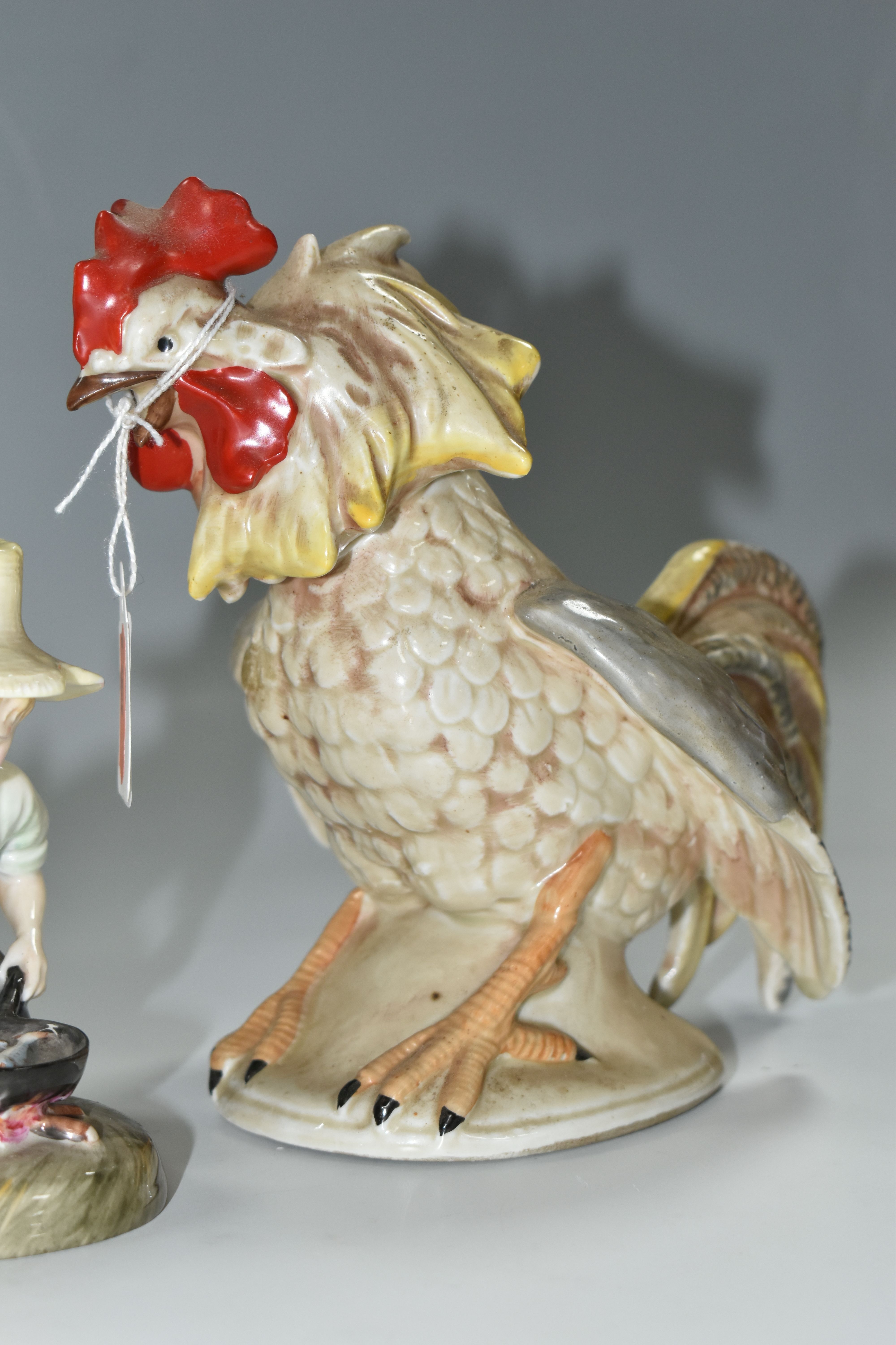 TWO 20TH CENTURY CONTINENTAL PORCELAIN FIGURES OF COCKERELS, posed as ready to fight each other, - Image 3 of 8