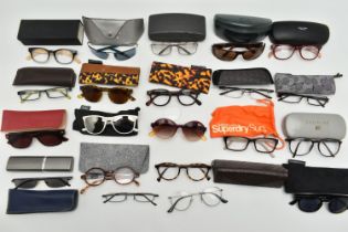 A BOX OF ASSORTED SUNGLASSES AND GLASSES, names to include Calvin Klein, DKNY, Police, Good lookers,