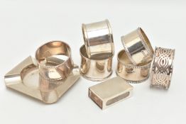 ASSORTED SILVER ITEMS, to include six assorted silver napkin rings, three with textured rims,