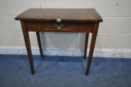 A 19TH CENTURY OAK PARQUETRY TOP SIDE TABLE, with a single frieze drawer, raised on square tapered