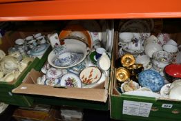 THREE BOXES OF TEAWARE AND CERAMICS, to include a Bourne Denby Pottery 'Burlington' vinegar