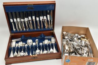 A WOODEN CANTEEN AND ASSORTED CUTLERY, a wooden 'Elkington' canteen of cutlery, twelve person