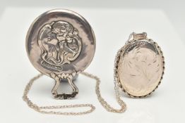 A SILVER MIRROR AND A LOCKET PENDANT WITH CHAIN, Art Nouveau style small mirror, hallmarked 'Henry