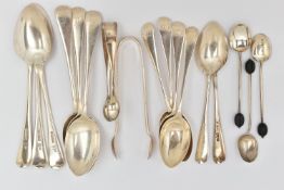 ASSORTED SILVER SPOONS AND SUGAR TONGS, to include a set of six Old English pattern teaspoons with