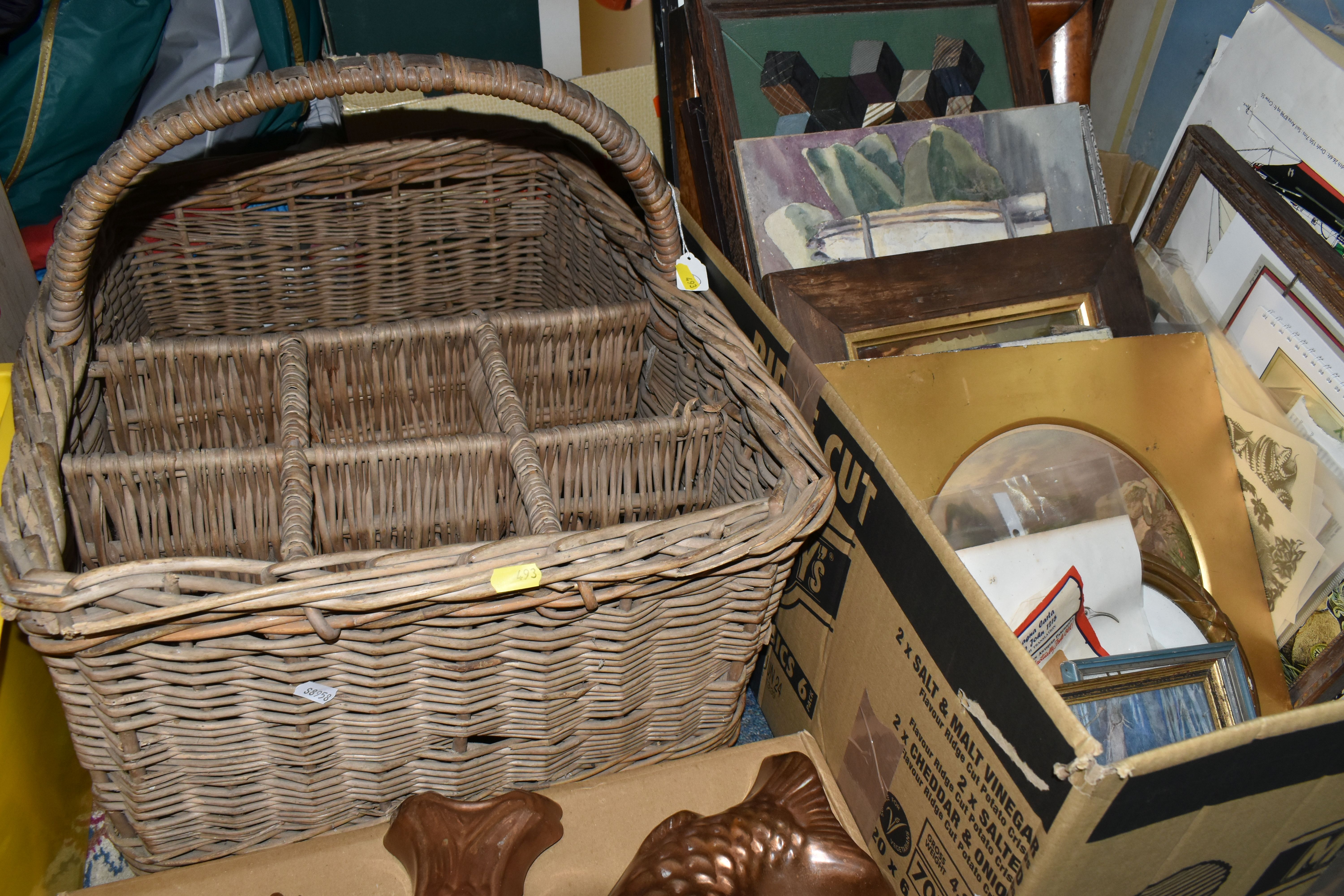 A BOX AND LOOSE OF PICTURES, THREE REPRODUCTION COPPER FISH MOULDS AND A VINTAGE LARGE WICKER - Image 3 of 4